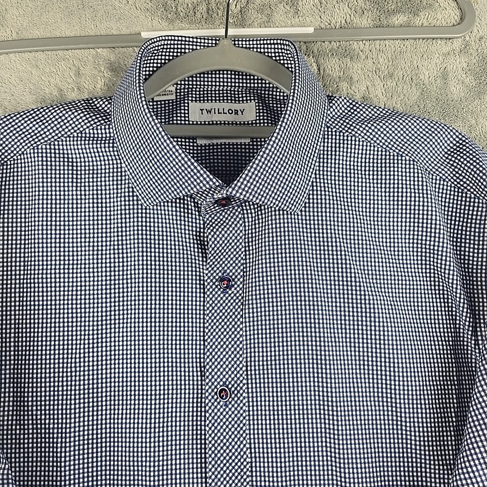 Twillory Shirt Mens 17 32/33 Blue‎ Baby Check Tailored Fit Non Iron Safe Cotton - Picture 3 of 9